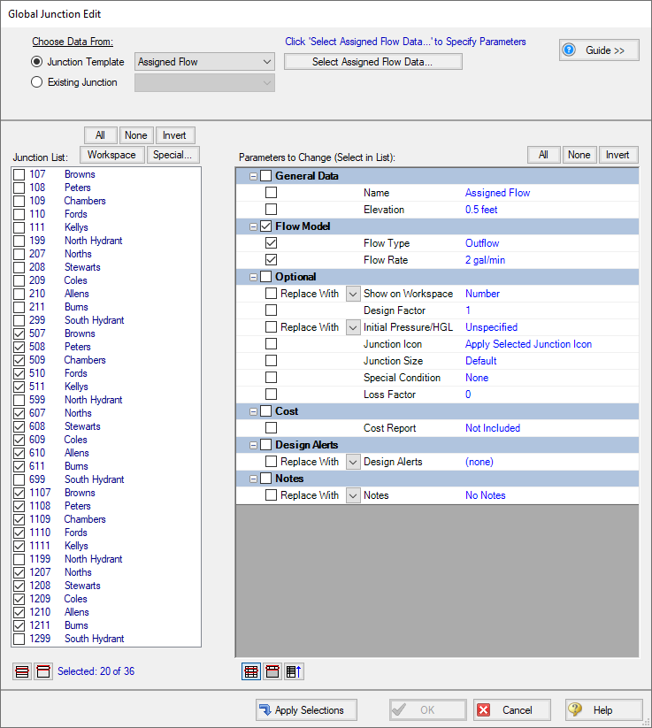 The Global Junction Edit tool being used to change the flows to each house.